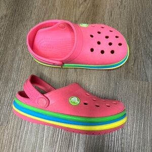 Crocs Crocband Rainbow Band Clogs Pink w Multi-color Stripe Child Yth Kids Sz 10